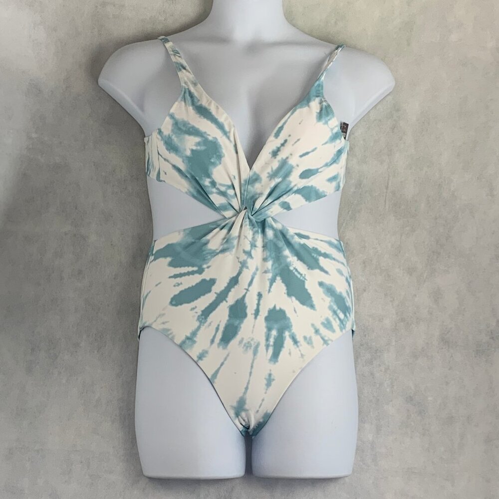 Bar III Women's Twist-Front Monokini One-Piece Swimsuit, Abalone Blue White